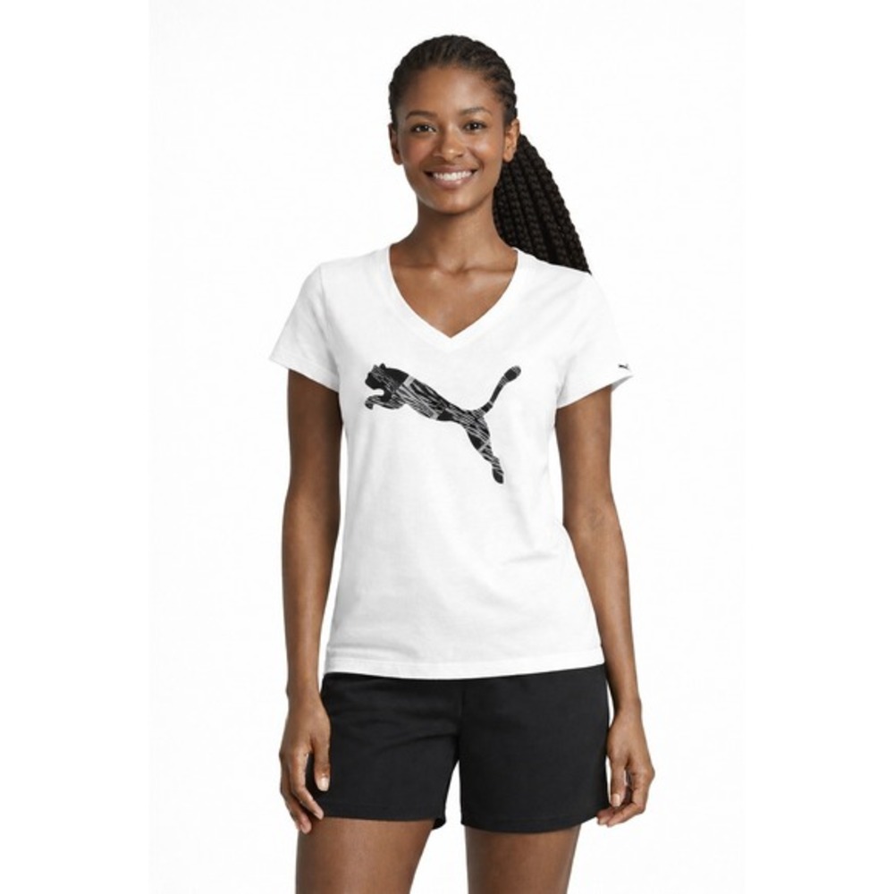 Puma White V-Neck Graphic T-Shirt Zebra Logo M Resortwear‎ Travel Casual 88-18